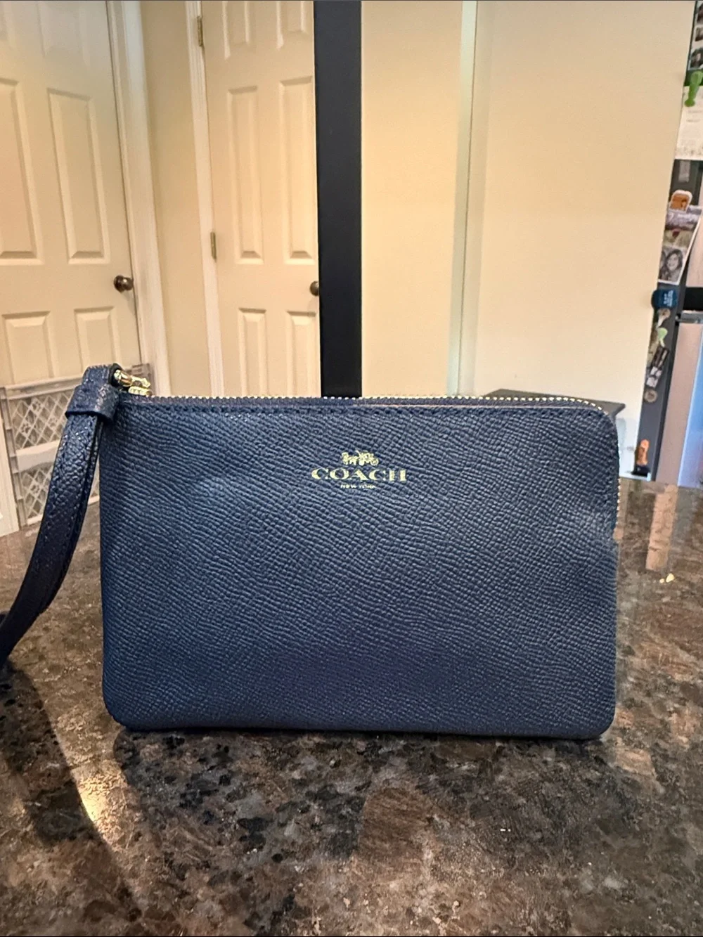 Coach Navy Textured Leather Wristlet with Gold Logo